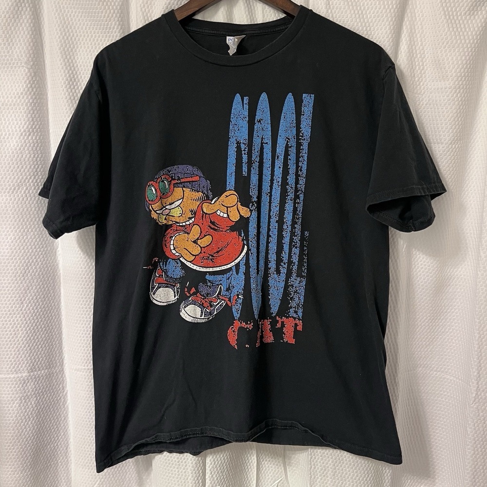 Vintage Garfield Cool Cat Daddy‎ T-Shirt Mens L Black Y2K Cotton Cartoon Tee EC